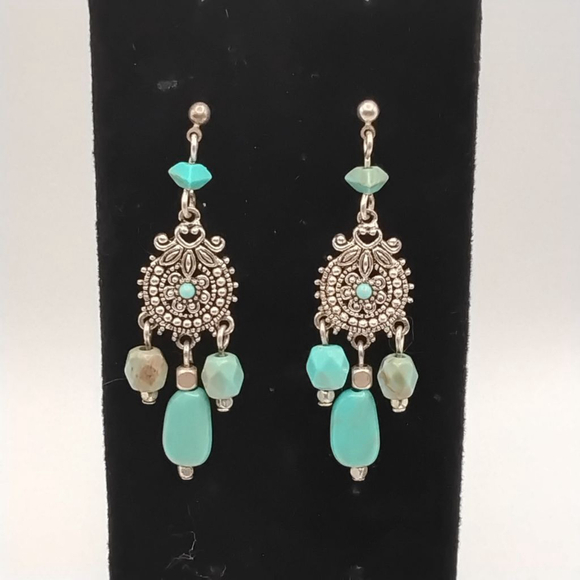 Avon Jewelry - VTG Stamped Nancy & Rise for Avon Turquoise & Silver-tone Chandelier Earrings